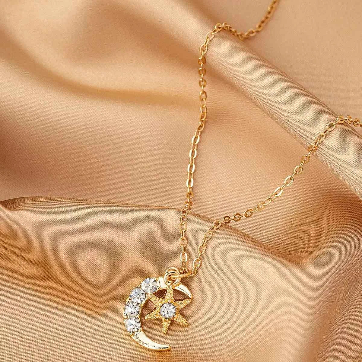 18K Gold-Plated Rhinestone Star & Moon Necklace