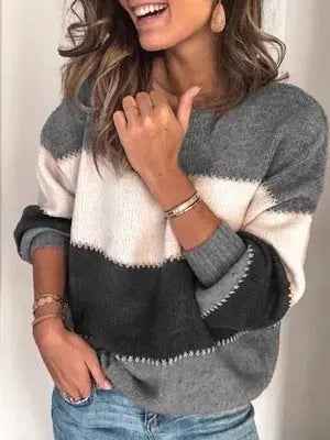 Casual Long-sleeved Striped Round Neck Knitted Pullover Sweater
