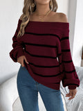 Casual Striped Off-Shoulder Lantern Sleeve Pullover Sweater - Triple D lifestyle & beauty 2