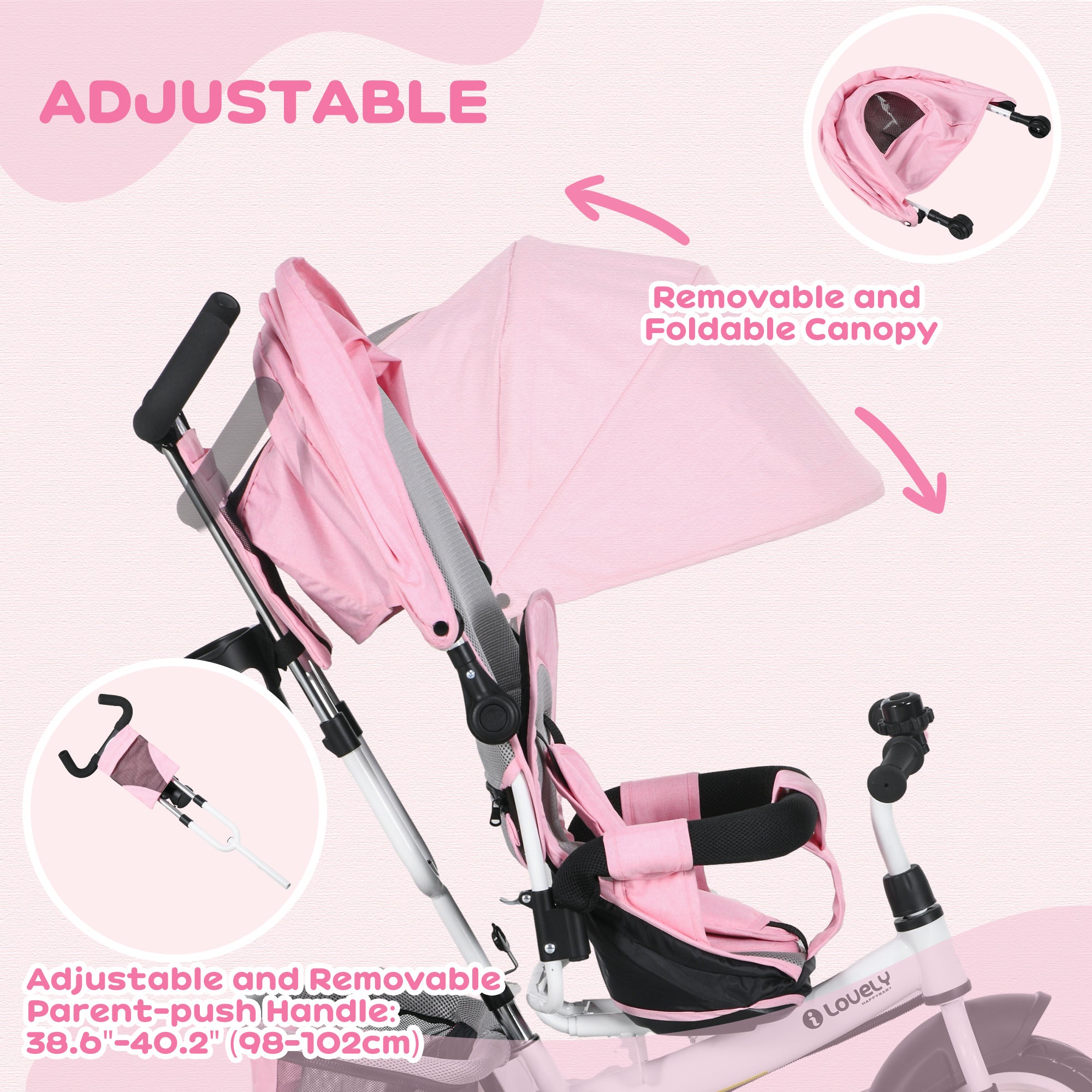 6 In 1 Kids Trike With Parent Handle, Canopy, 5-point Safety Belt, Storage, Footrest, Brake, For 1-5 Years, Pink - Triple D lifestyle & beauty 2