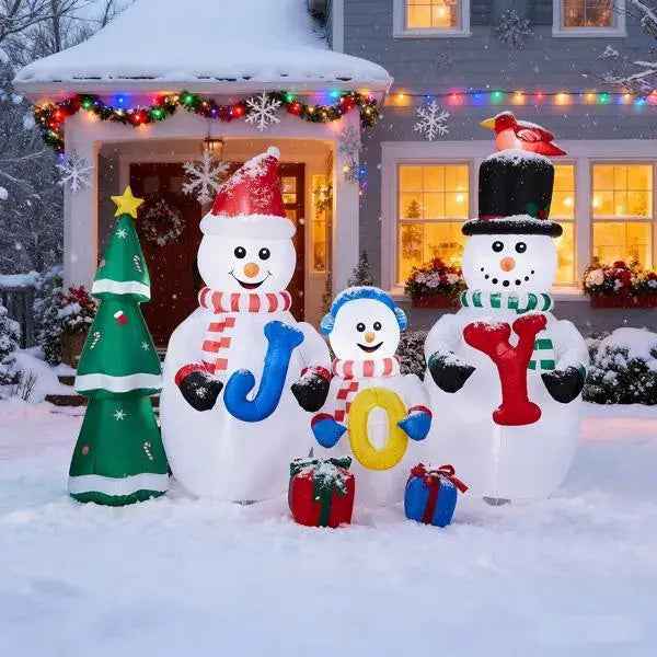 8FT Lighted Christmas Inflatable Decoration, Inflatable Snowman Family With JOY And Xmas Tree, Funny Blow Up Yard Decorations With Built-in LED Lights For Holiday Party Front Yard Lawn Garden Decor