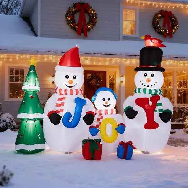 8FT Lighted Christmas Inflatable Decoration, Inflatable Snowman Family With JOY And Xmas Tree, Funny Blow Up Yard Decorations With Built-in LED Lights For Holiday Party Front Yard Lawn Garden Decor