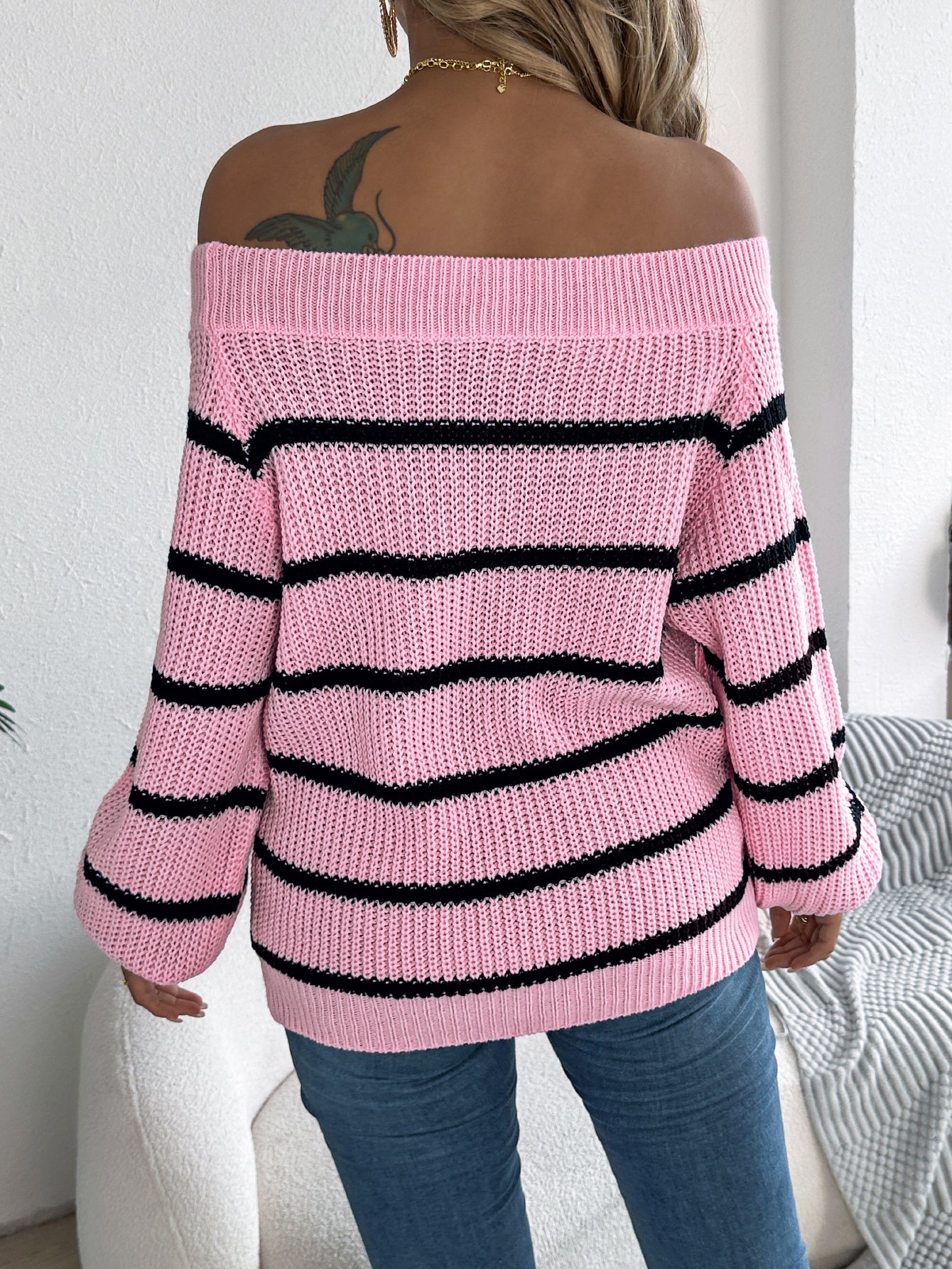 Casual Striped Off-Shoulder Lantern Sleeve Pullover Sweater - Triple D lifestyle & beauty 2