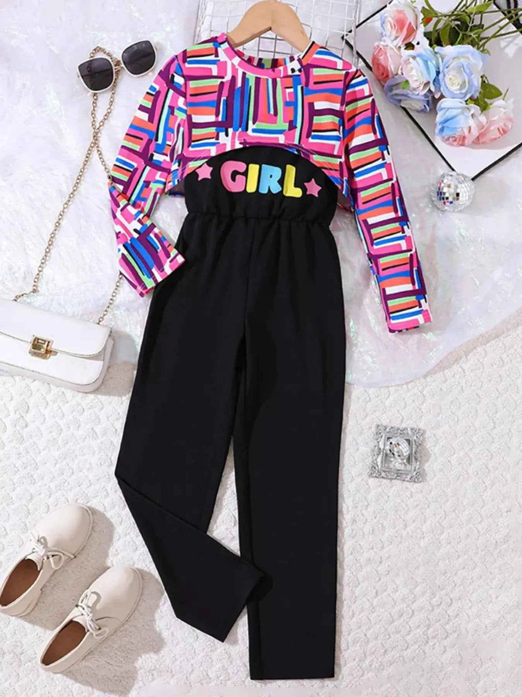 Children's Colorful Geometric Print Top & Jumpsuit Set