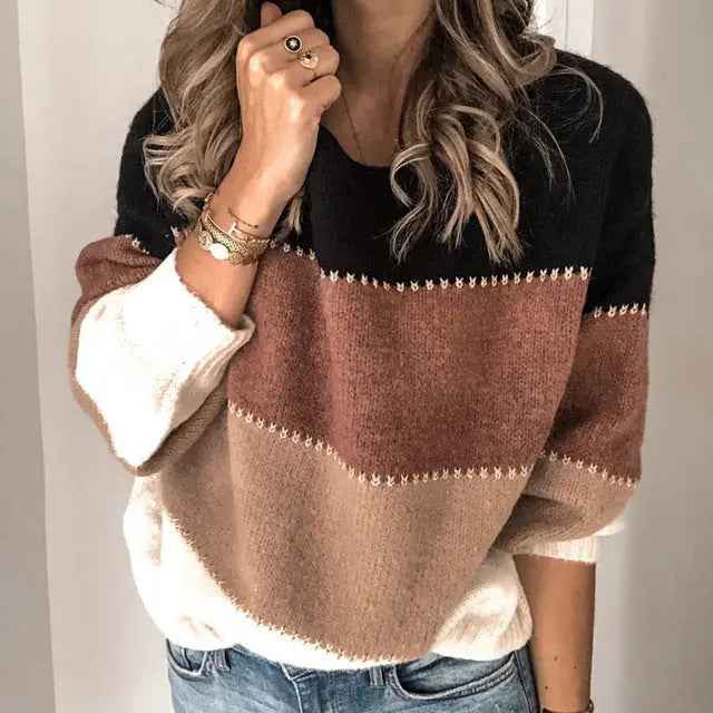 Casual Long-sleeved Striped Round Neck Knitted Pullover Sweater