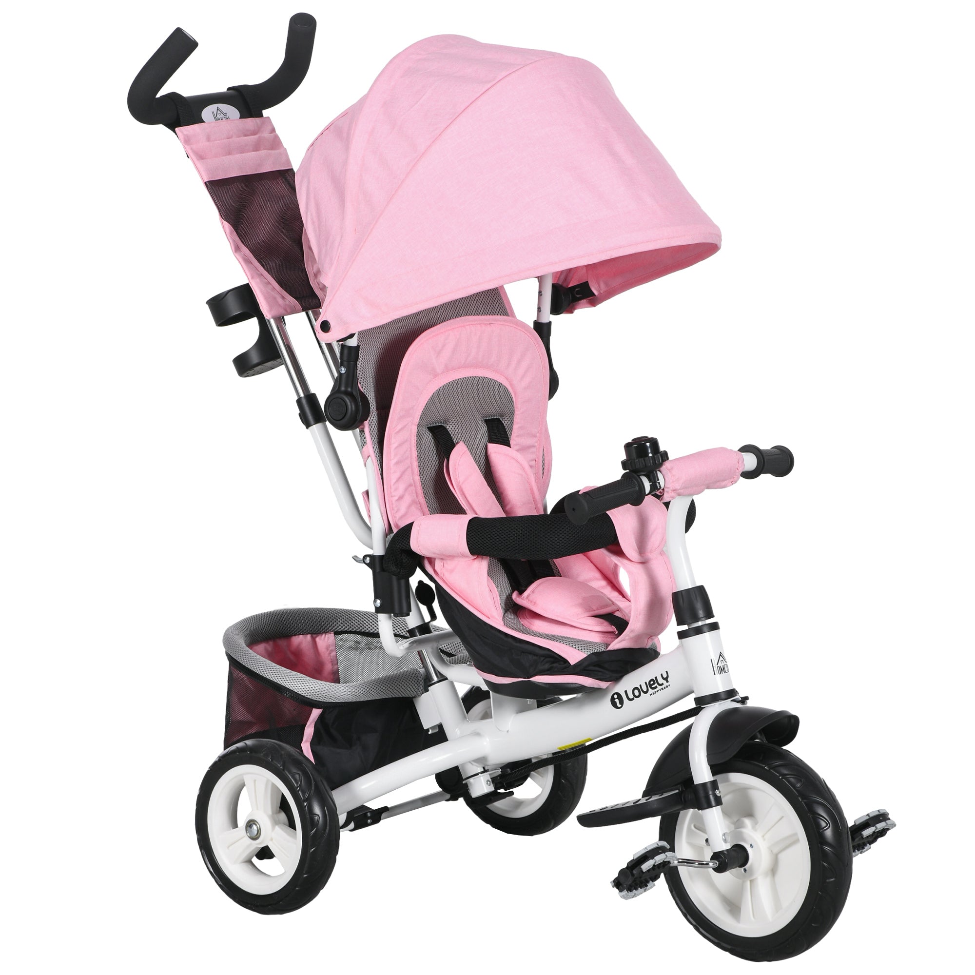 6 In 1 Kids Trike With Parent Handle, Canopy, 5-point Safety Belt, Storage, Footrest, Brake, For 1-5 Years, Pink - Triple D lifestyle & beauty 2
