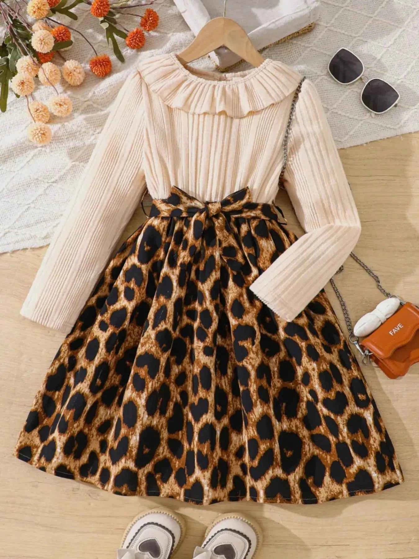 Children's Leopard Print Ruffle Collar Long Sleeve Dress