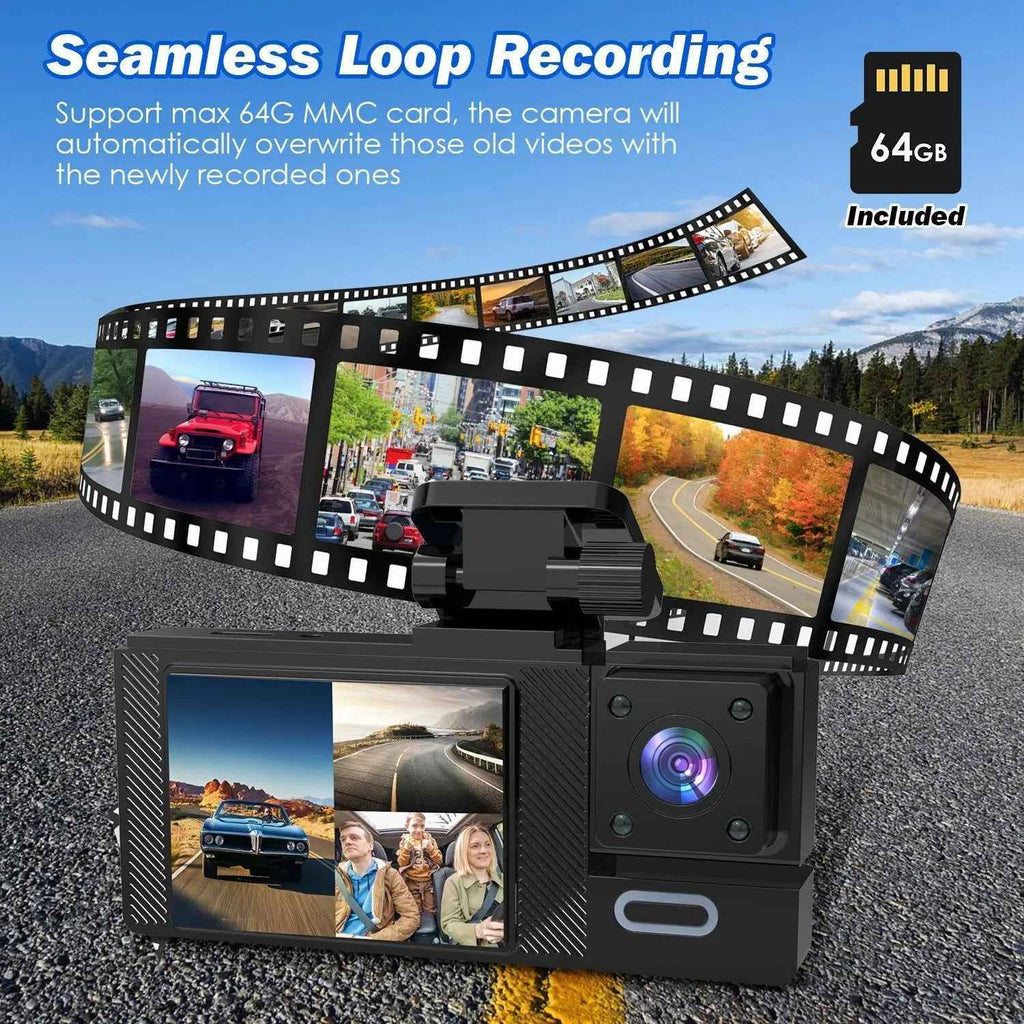 1Pc WiFi FHD 1080P Car Dash Cam 3 Channels Front Rear Inside Dash Camera With Loop Recording Reversing Image Night Vision 170 Degree Wide Angle Support 64G MMC Card Included