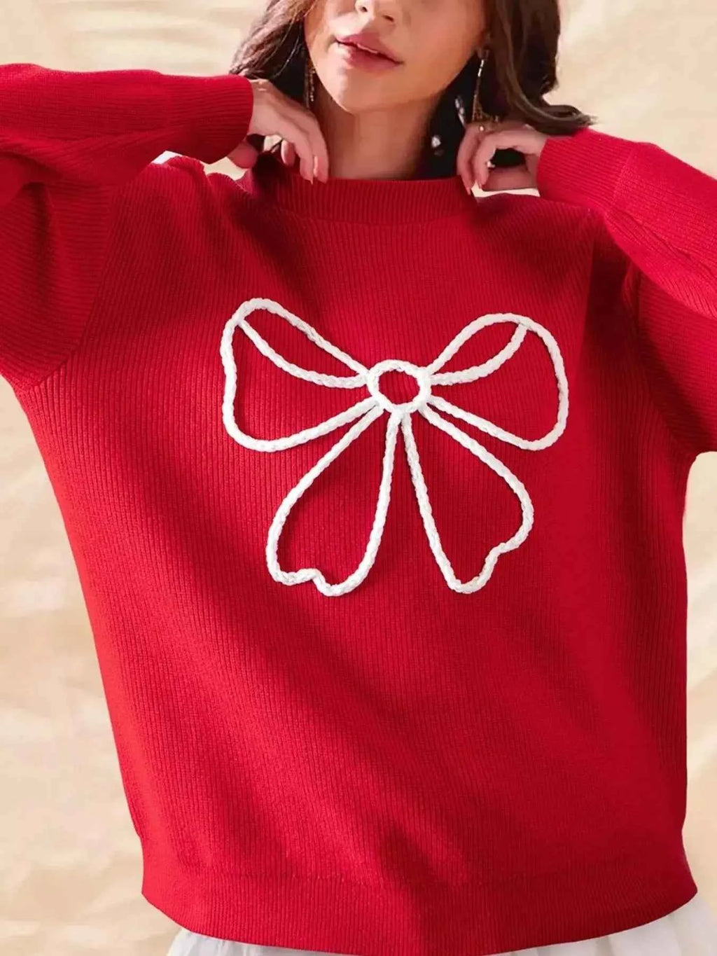 Bow-Embellished Ribbed Sweater