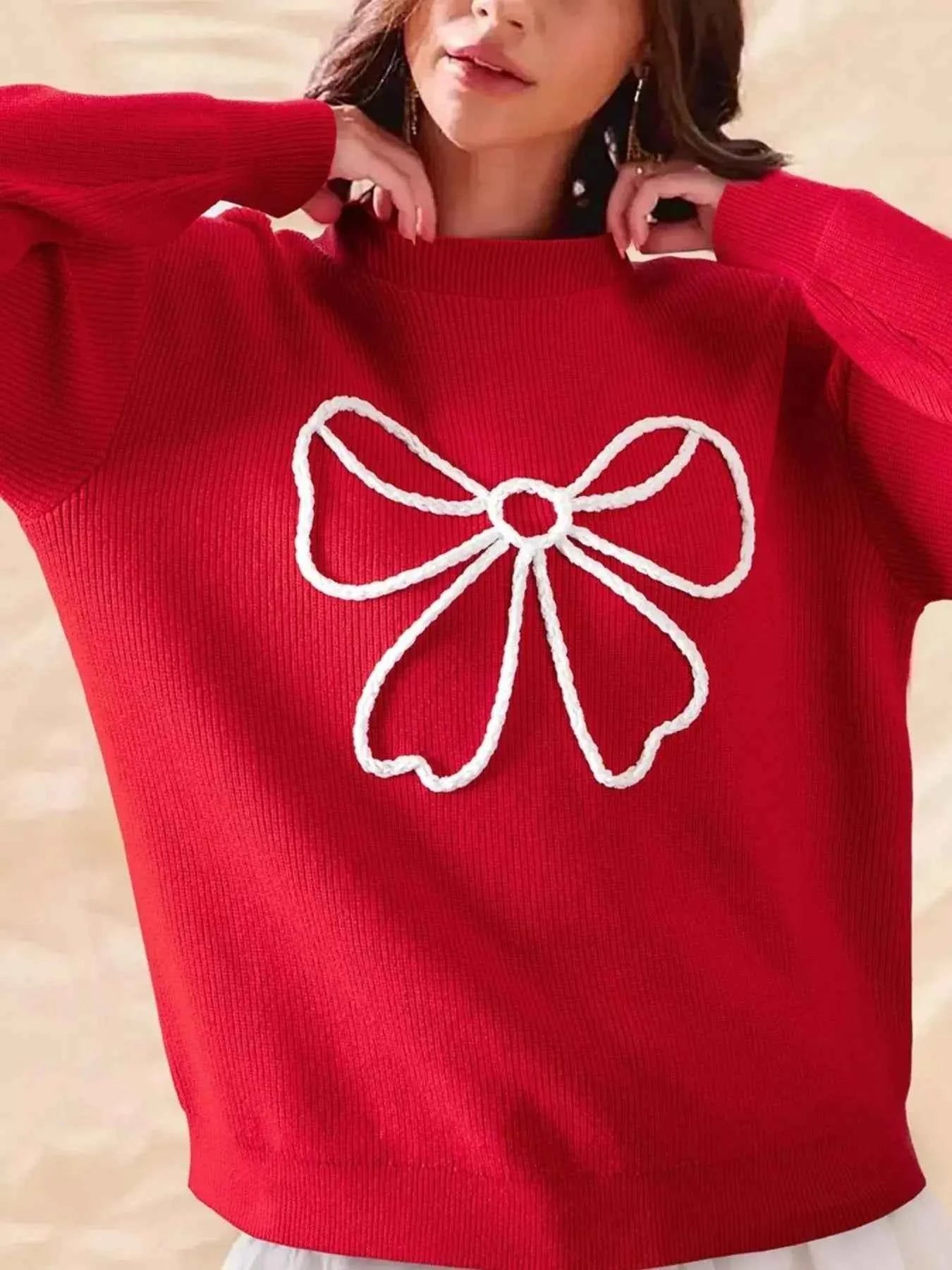 Bow-Embellished Ribbed Sweater