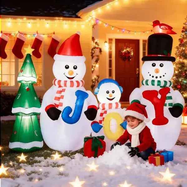 8FT Lighted Christmas Inflatable Decoration, Inflatable Snowman Family With JOY And Xmas Tree, Funny Blow Up Yard Decorations With Built-in LED Lights For Holiday Party Front Yard Lawn Garden Decor