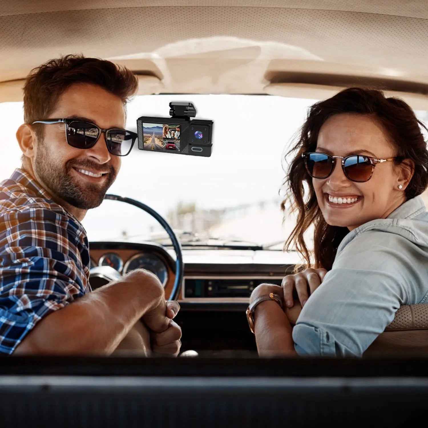 1Pc WiFi FHD 1080P Car Dash Cam 3 Channels Front Rear Inside Dash Camera With Loop Recording Reversing Image Night Vision 170 Degree Wide Angle Support 64G MMC Card Included