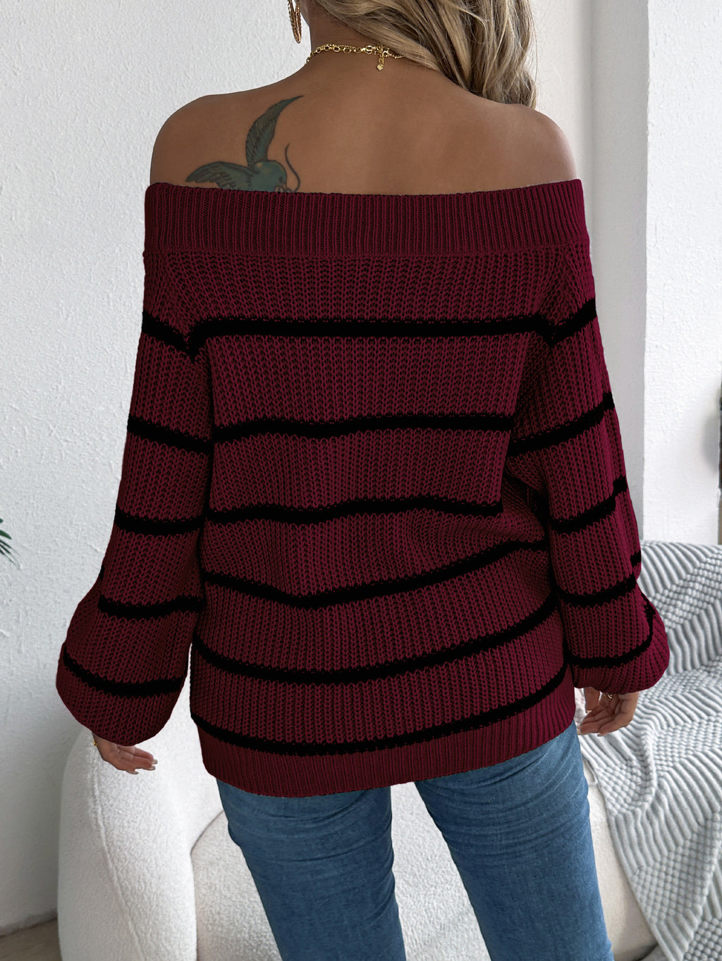 Casual Striped Off-Shoulder Lantern Sleeve Pullover Sweater - Triple D lifestyle & beauty 2