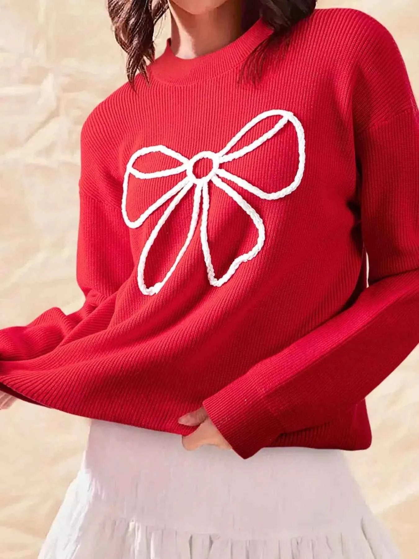 Bow-Embellished Ribbed Sweater