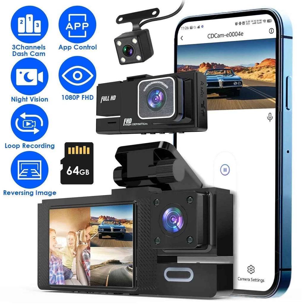1Pc WiFi FHD 1080P Car Dash Cam 3 Channels Front Rear Inside Dash Camera With Loop Recording Reversing Image Night Vision 170 Degree Wide Angle Support 64G MMC Card Included