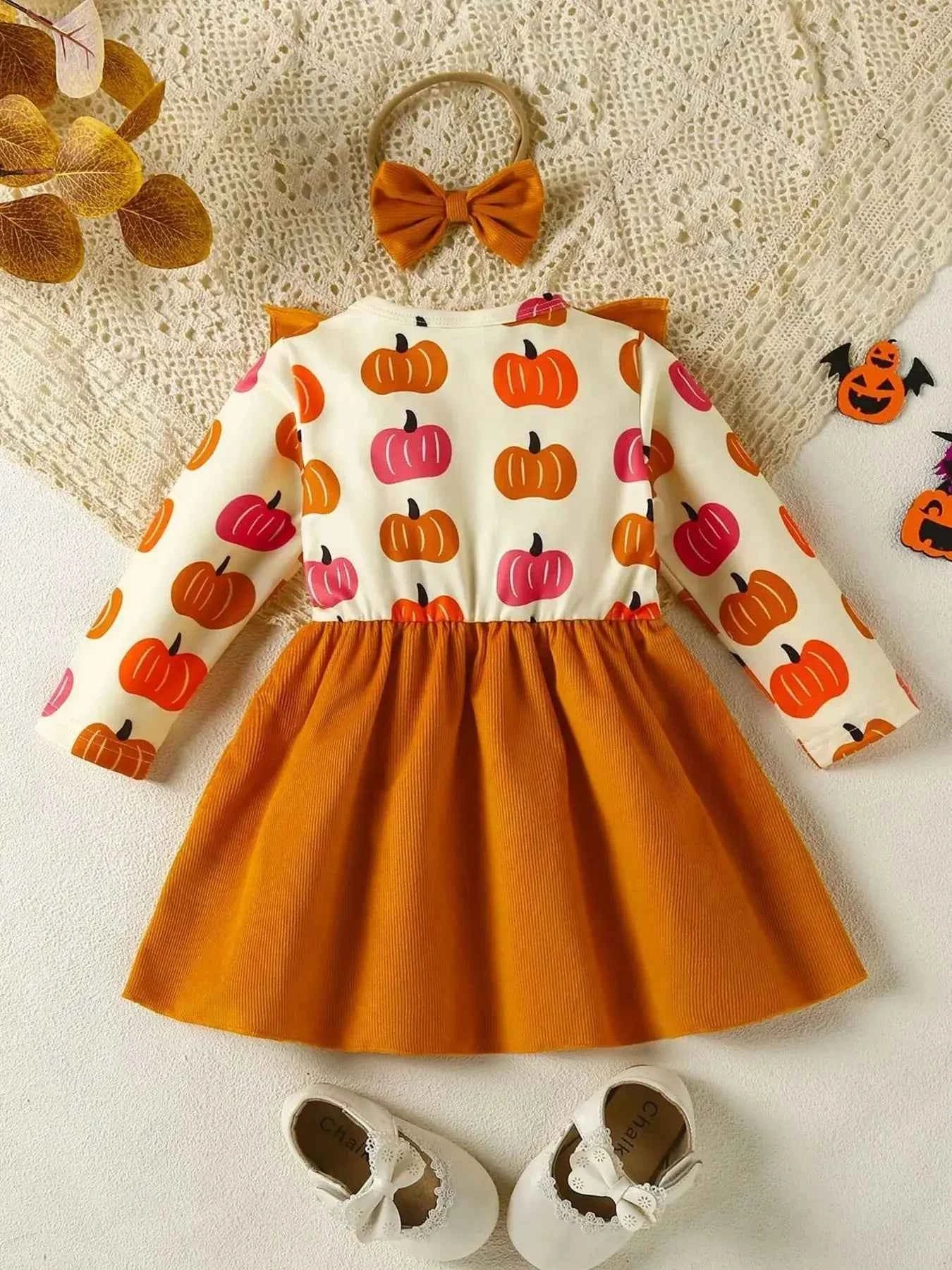 Children's Pumpkin Print Ruffle Dress with Bow Headband