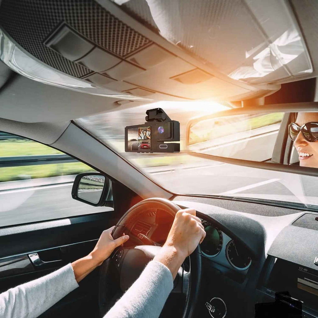 1Pc WiFi FHD 1080P Car Dash Cam 3 Channels Front Rear Inside Dash Camera With Loop Recording Reversing Image Night Vision 170 Degree Wide Angle Support 64G MMC Card Included